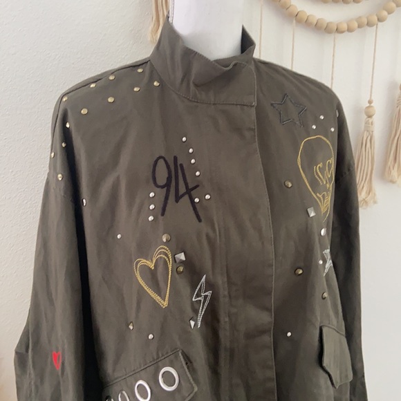 H&M embroidered army jacket green studded embellished parka fall grunge vibes 6 - Picture 7 of 16